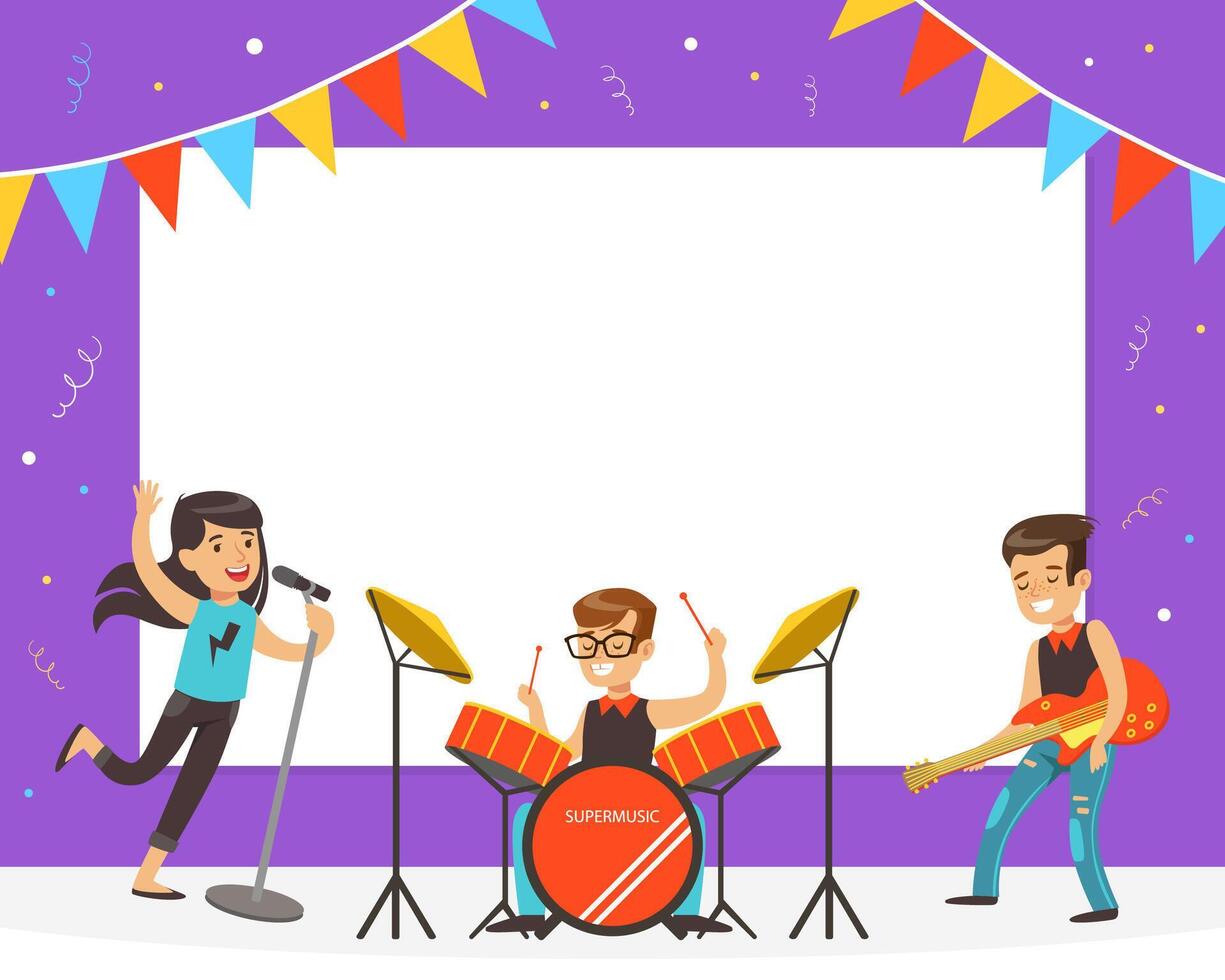Kids Playing Music and Singing on Stage, Children Performing on Background of Blank Banner Cartoon Illustration vector