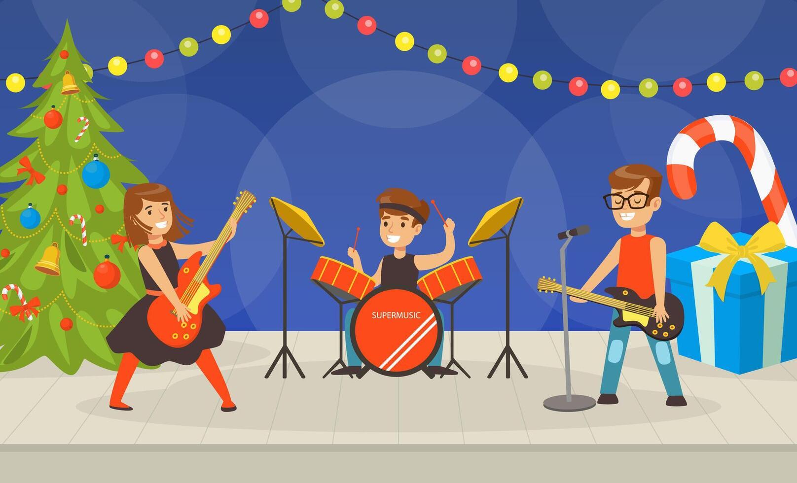 Kids Playing Music and Singing on Christmas Holidays, Child Music Band Performing on Stage Cartoon Illustration vector