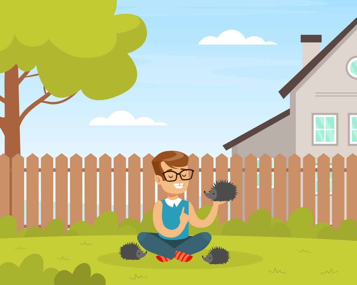 Cute Boy Playing with Hedgehogs on Green Lawn, Kid Interacting with Animal in Petting Zoo Cartoon Illustration vector