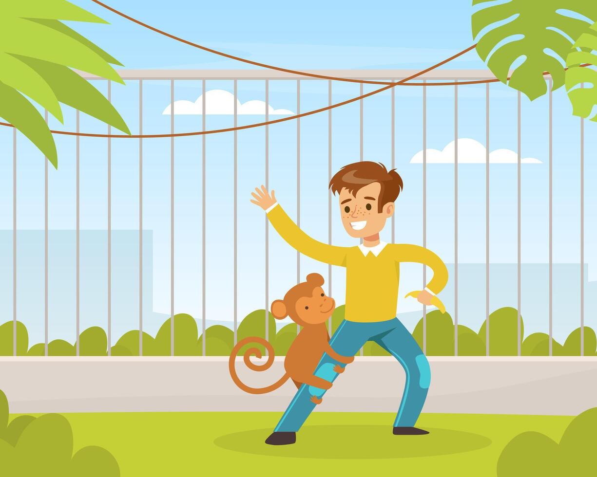 Cute Boy Playing with Monkey on Green Lawn, Kid Interacting with Animal in Petting Zoo Cartoon Illustration vector