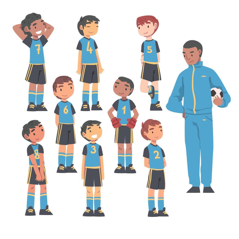 Kid Soccer Players Team with Coach Trainer, Group of Kids in Sports Uniform and Football Trainer, School Sports Activity, Football Academy Concept Cartoon Illustration vector