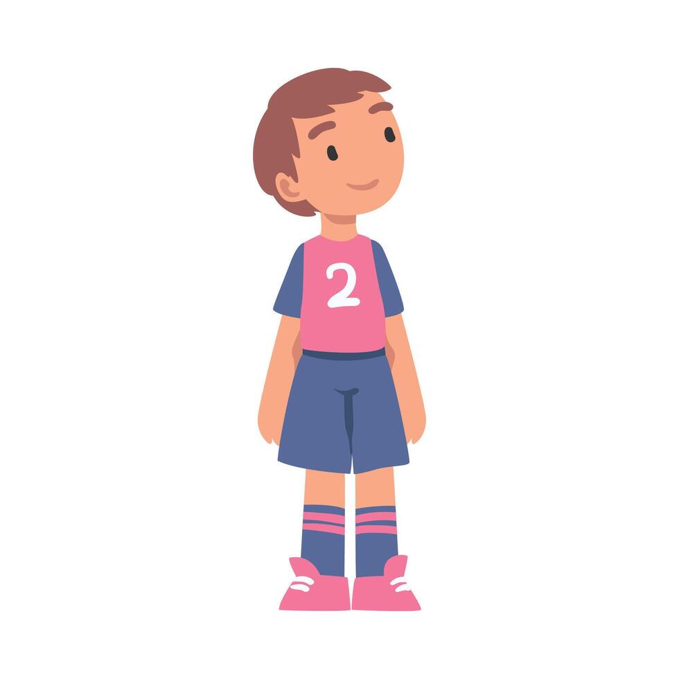 Cute Kid Soccer Player Character, Little Boy in Sports Uniform Playing Football, School Sports Activity, Football Academy Concept Cartoon Style Illustration vector