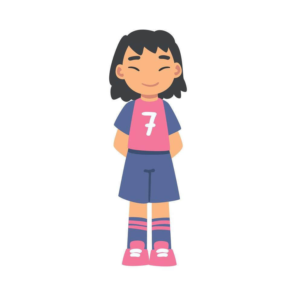 Cute Kid Soccer Player Character, Little Girl in Red and Blue Sports Uniform Playing Football, School Sports Activity, Football Academy Concept Cartoon Style Illustration vector