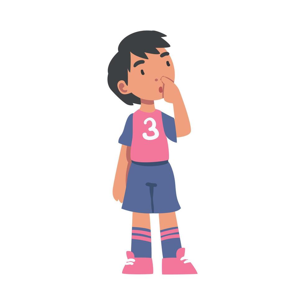 Cute Kid Soccer Player Character, Funny Little Boy in Sports Uniform Playing Football, Football Academy for Children Concept Cartoon Style Illustration vector