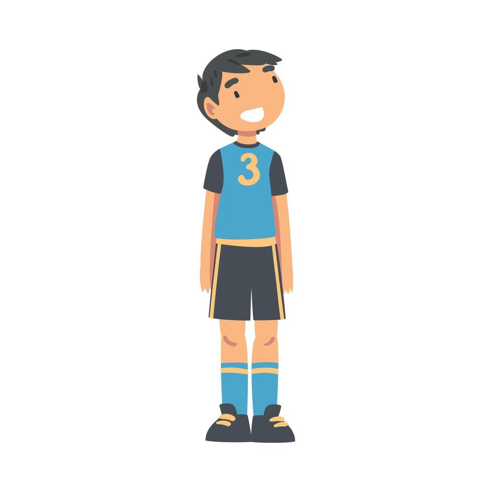 Kid Soccer Player Character, Happy Smiling Little Boy in Black and Blue Sports Uniform Playing Soccer in School Sports Team Cartoon Style Illustration vector