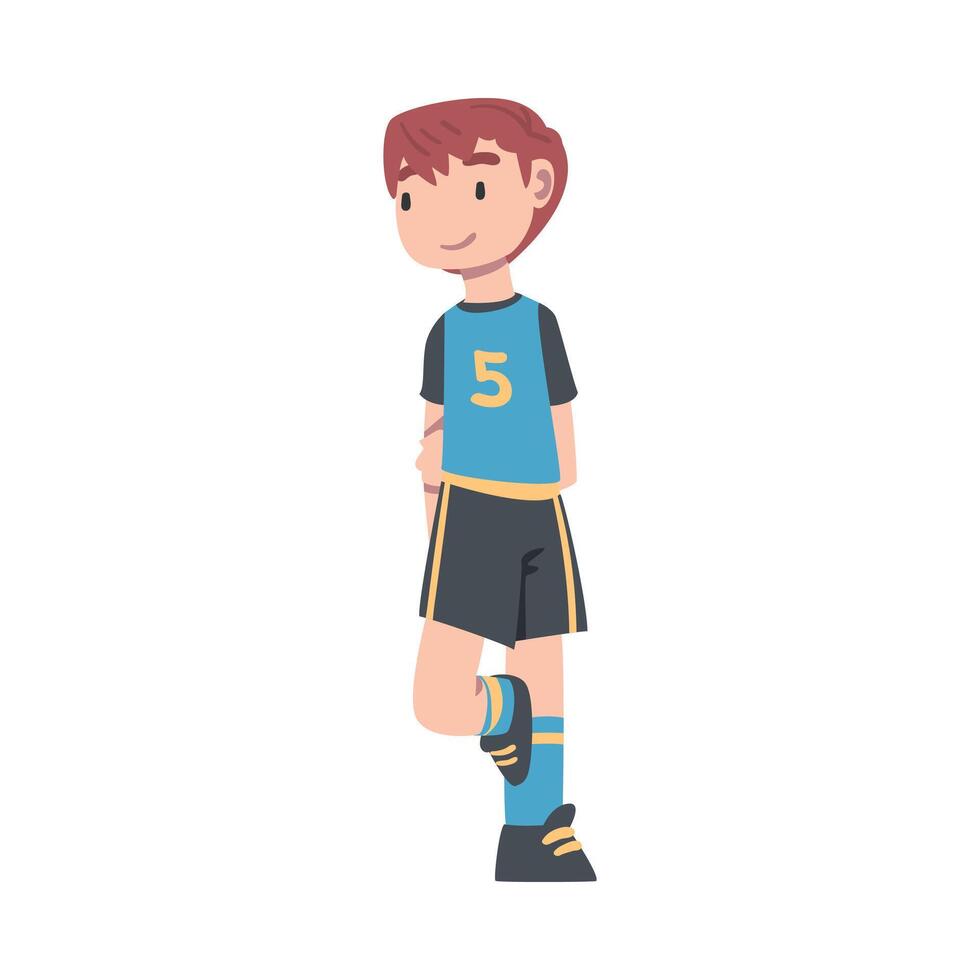Cute Kid Soccer Player Character, Boy in Black and Blue Sports Uniform Playing Football on School Sports Field Cartoon Style Illustration vector
