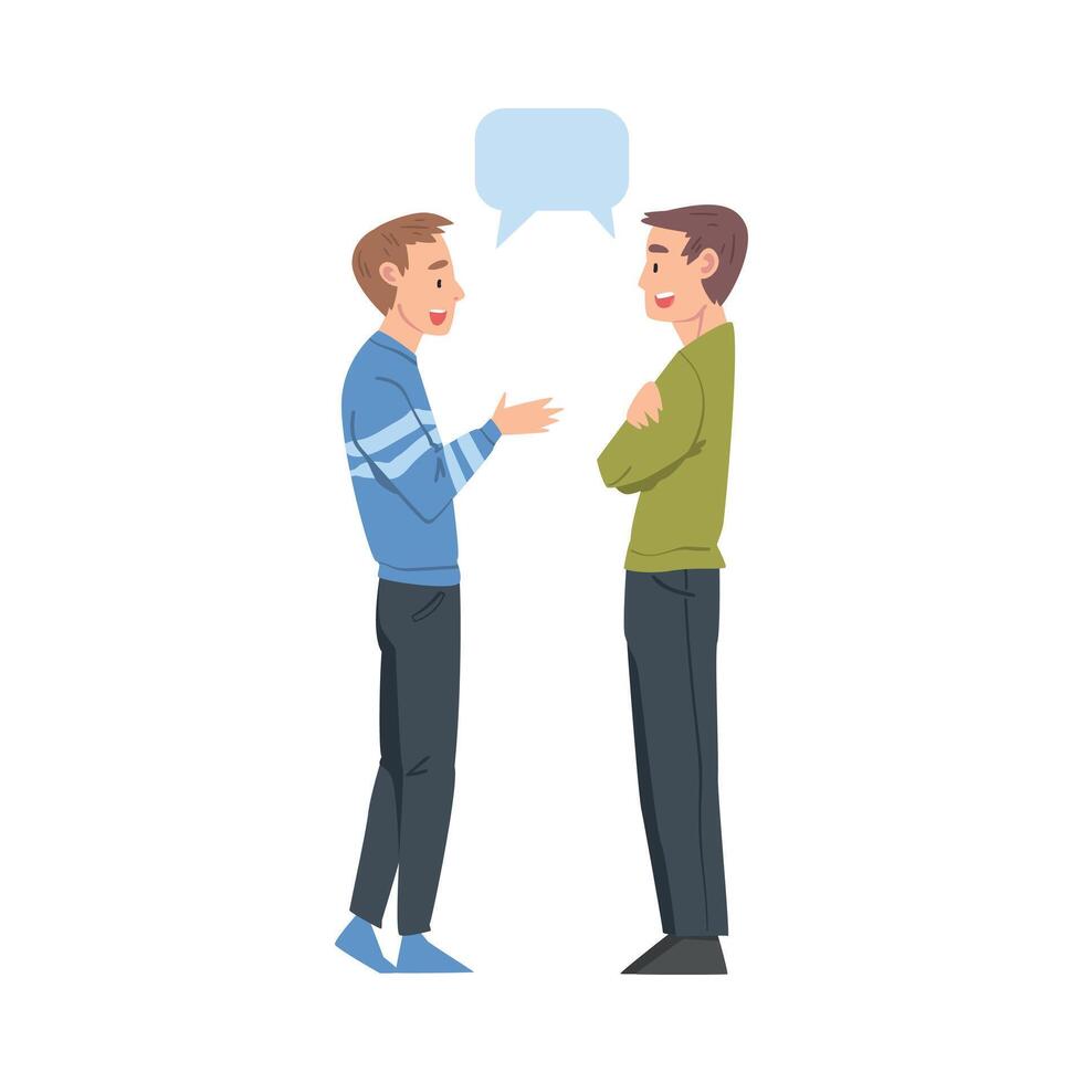 Two Guys Talking with Speech Bubbles, Friends or Colleagues Gossiping, Sharing Impressions Cartoon Style Illustration vector
