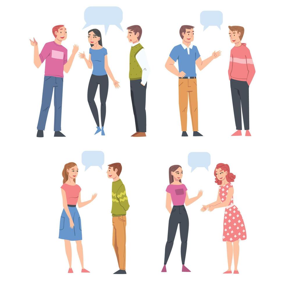 Young People Talking to Each Other with Speech Bubbles Set, Friends or Colleagues Gossiping, Chatting or Sharing Impressions Cartoon Style Illustration vector