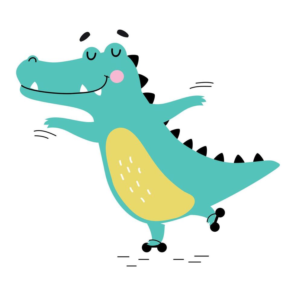 Cute Crocodile Rollerblading, Funny Alligator Predator Animal Character Cartoon Style Illustration vector