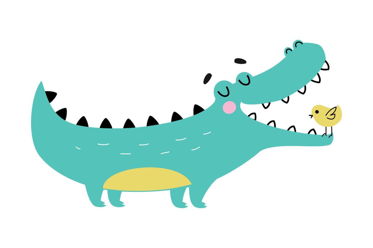 Cute Crocodile with Birdie in Wide Open Mouth, Funny Alligator Predator Animal Character Cartoon Style Illustration vector
