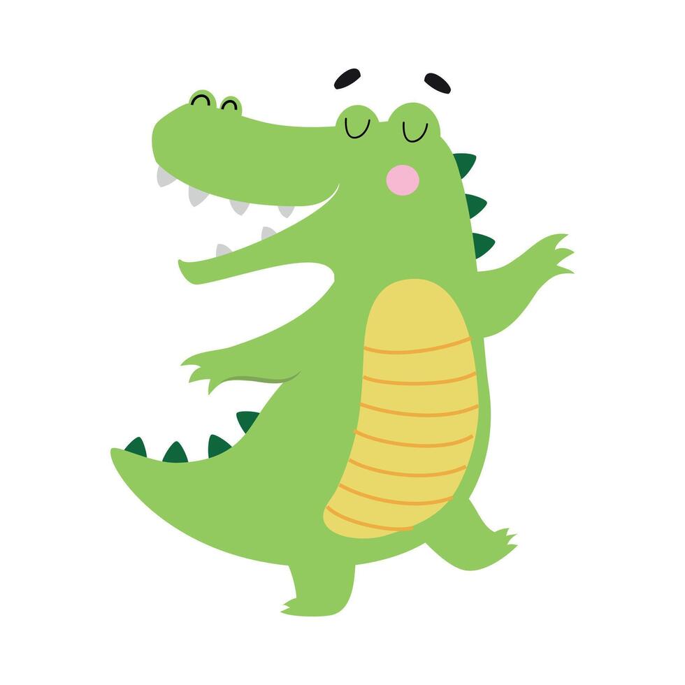 Cute Happy Smiling Crocodile, Funny Alligator Predator Green Animal Character Cartoon Style Illustration vector
