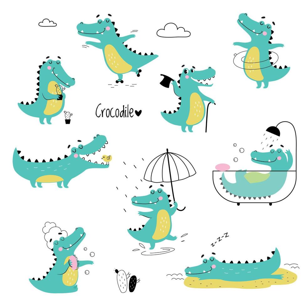 Cute Crocodiles in Different Situations Set, Funny Alligator Predator Animal Character Cartoon Style Illustration vector
