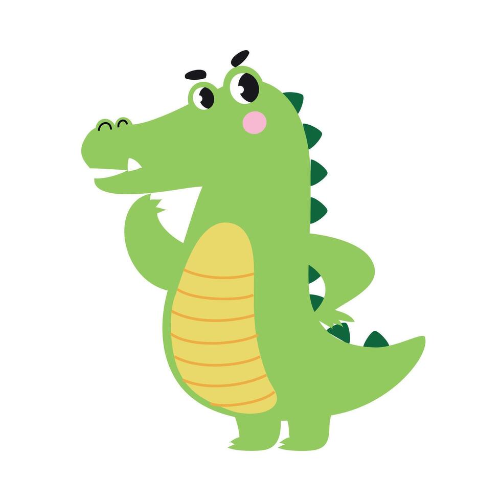 Cute Pensive Crocodile, Funny Alligator Predator Green Animal Character Cartoon Style Illustration vector