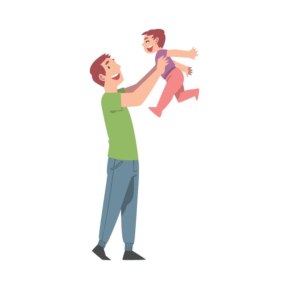 Dad Having Fun with His Kid, Happy Father and His Child Spending Time Together Cartoon Style Illustration vector