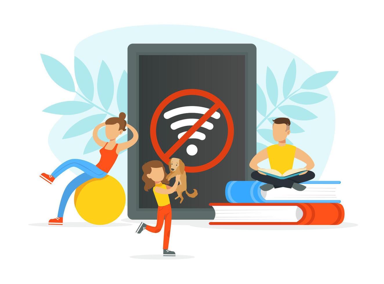People Reading Books, Doing Fitness and Playing with Animals without Gadgets, Digital Detox Concept Cartoon Illustration vector