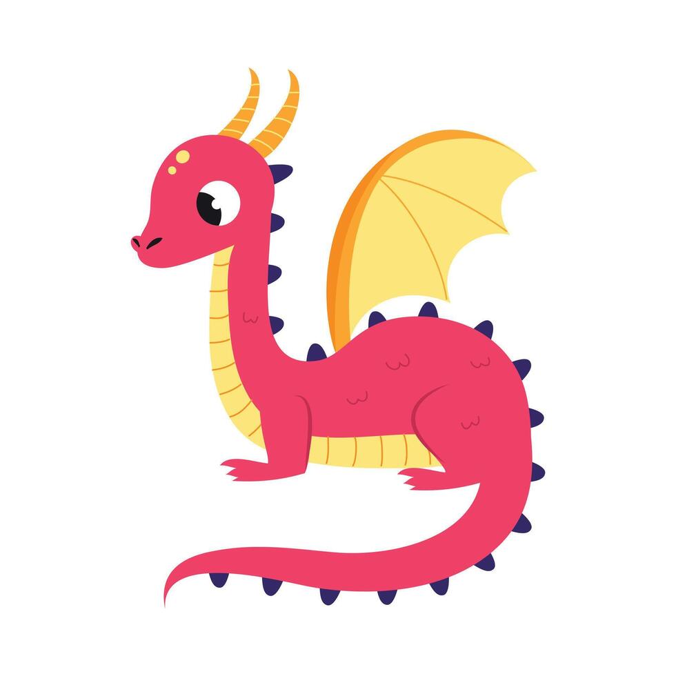 Cute Red Little Dragon with Wings, Funny Baby Dinosaur Fairy Tale Character Cartoon Style Illustration vector