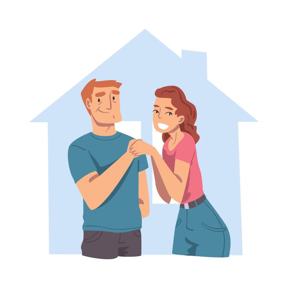Happy Family Couple Inside Outline House, Abstract Real Estate, Smiling Young Man and Woman Buying or Renting New House Flat Style Illustration vector