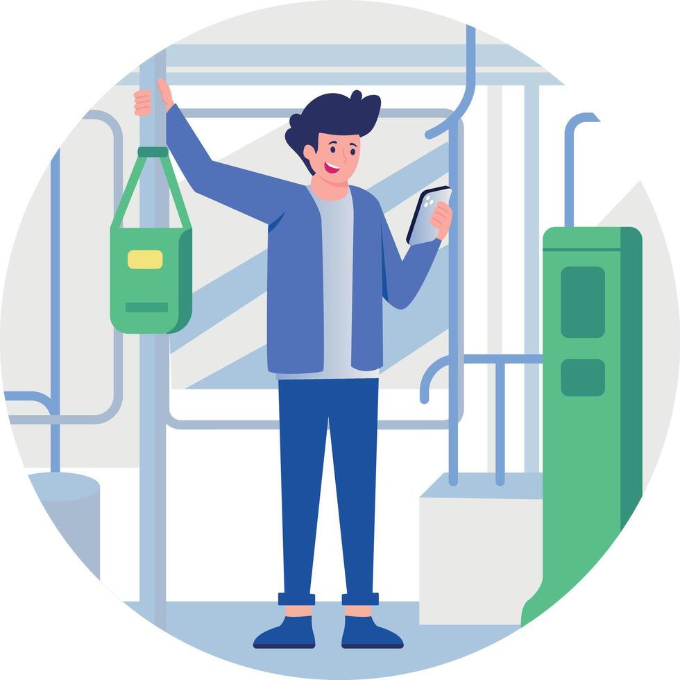Man on public transportation with smartphone vector