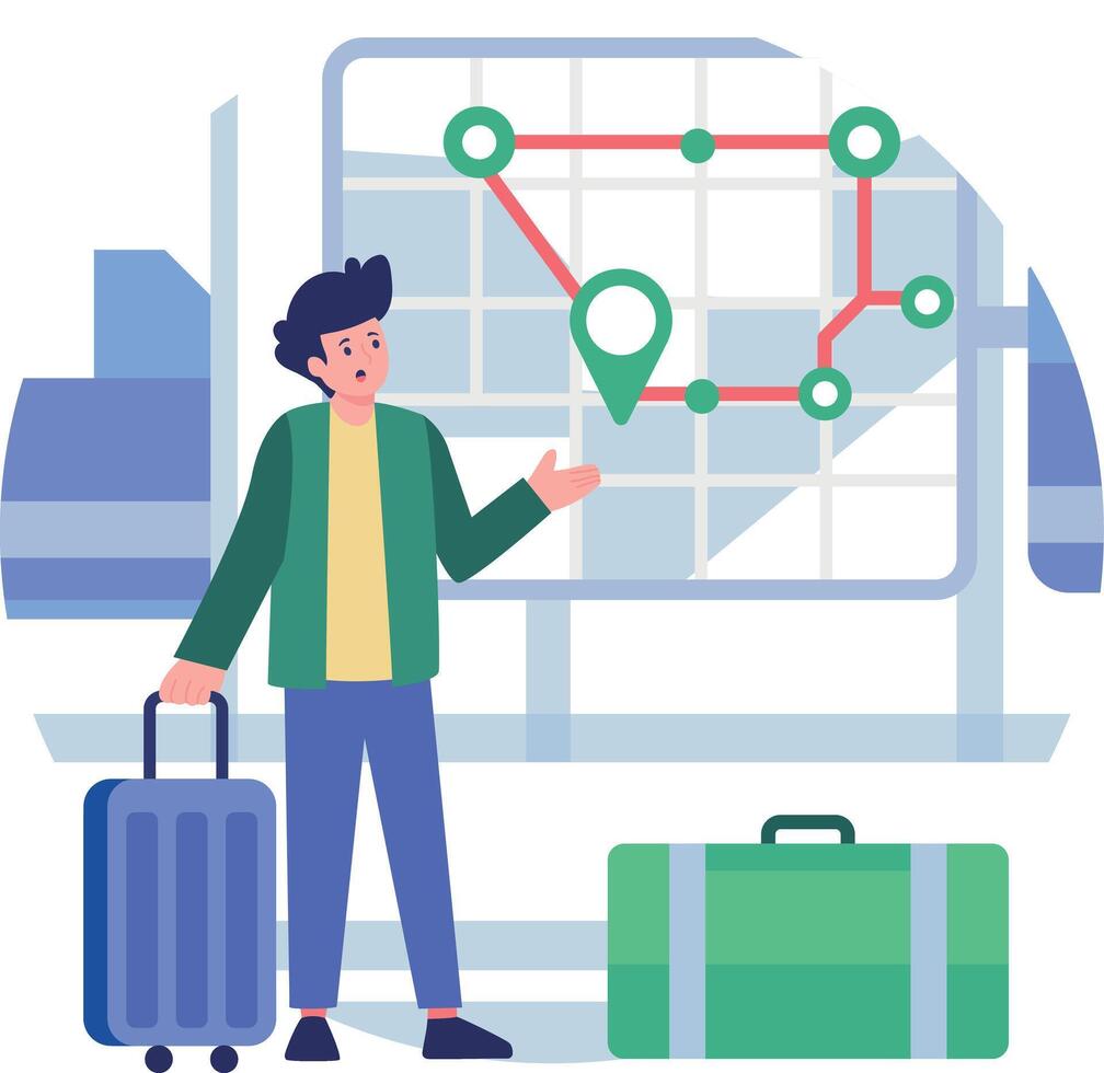 Traveler looking at a navigation map vector