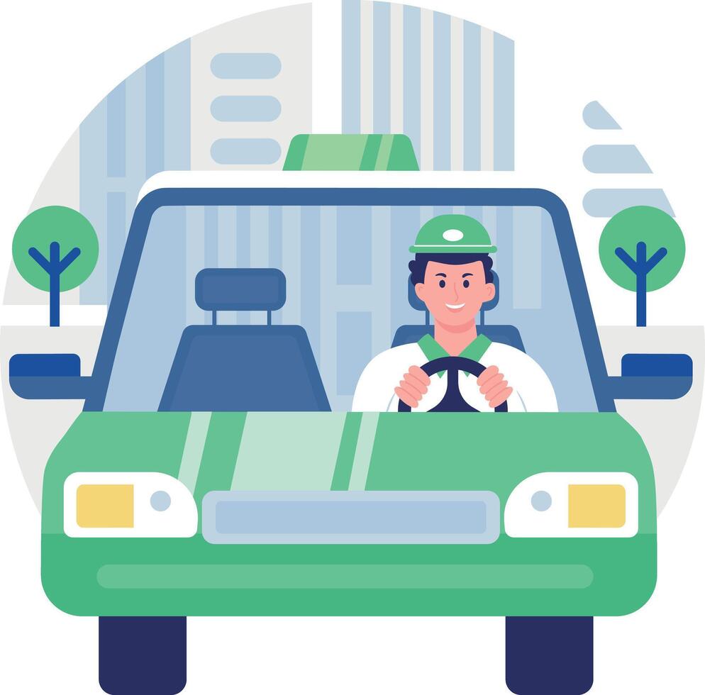 Taxi driver in green car illustration vector