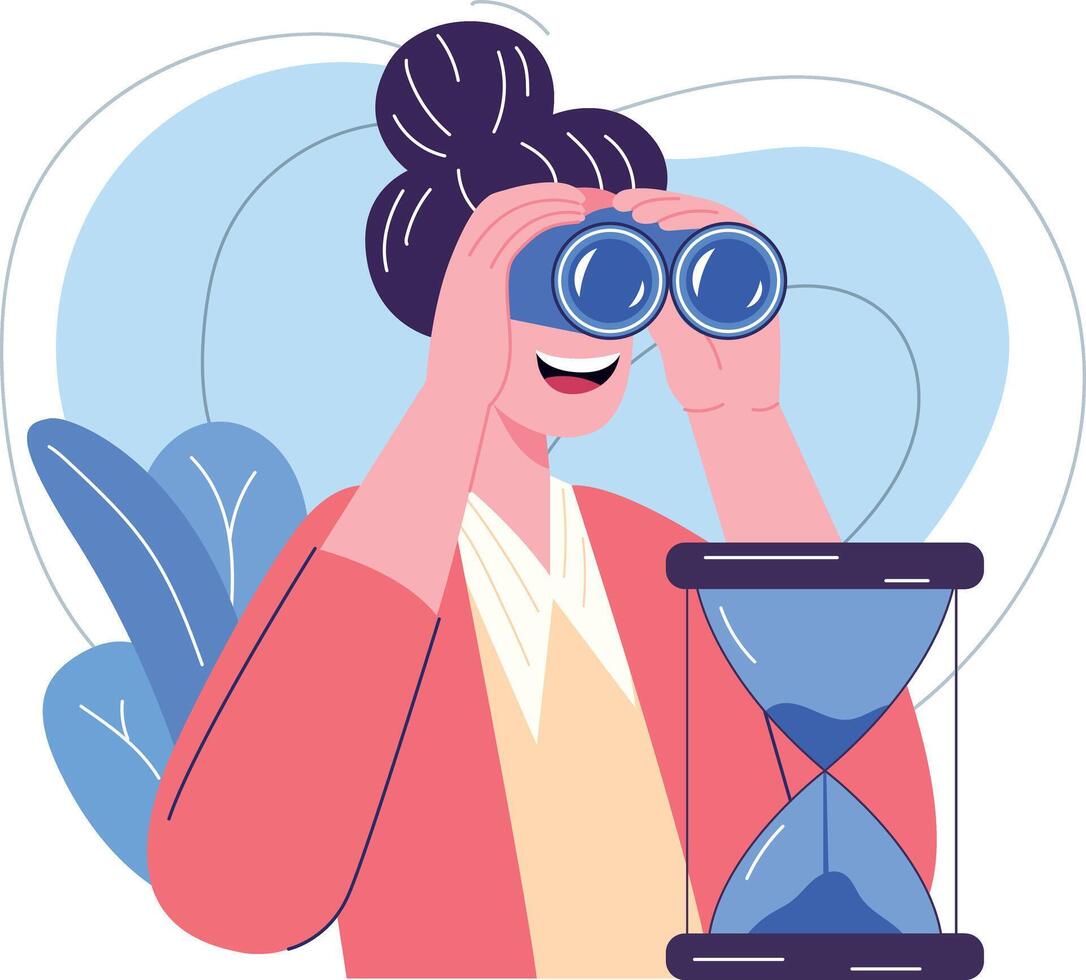 Person using binoculars beside hourglass vector