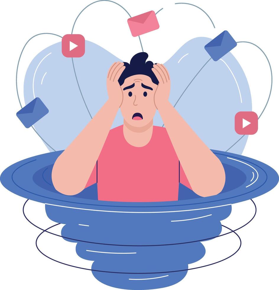 Man feeling overwhelmed by digital distractions vector