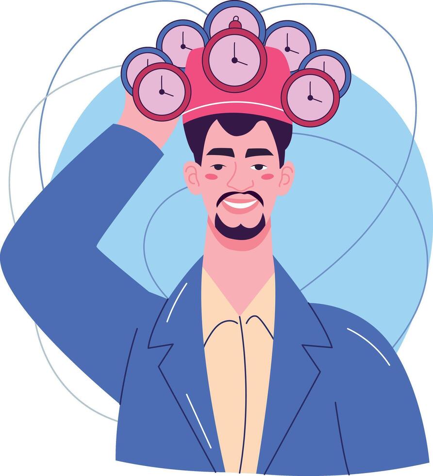 Man balancing clocks on his head vector
