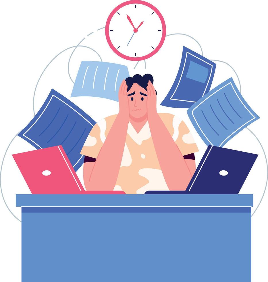 Stressed worker at his desk with papers vector