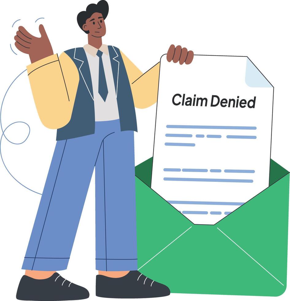 Man gesturing with claim denial letter vector