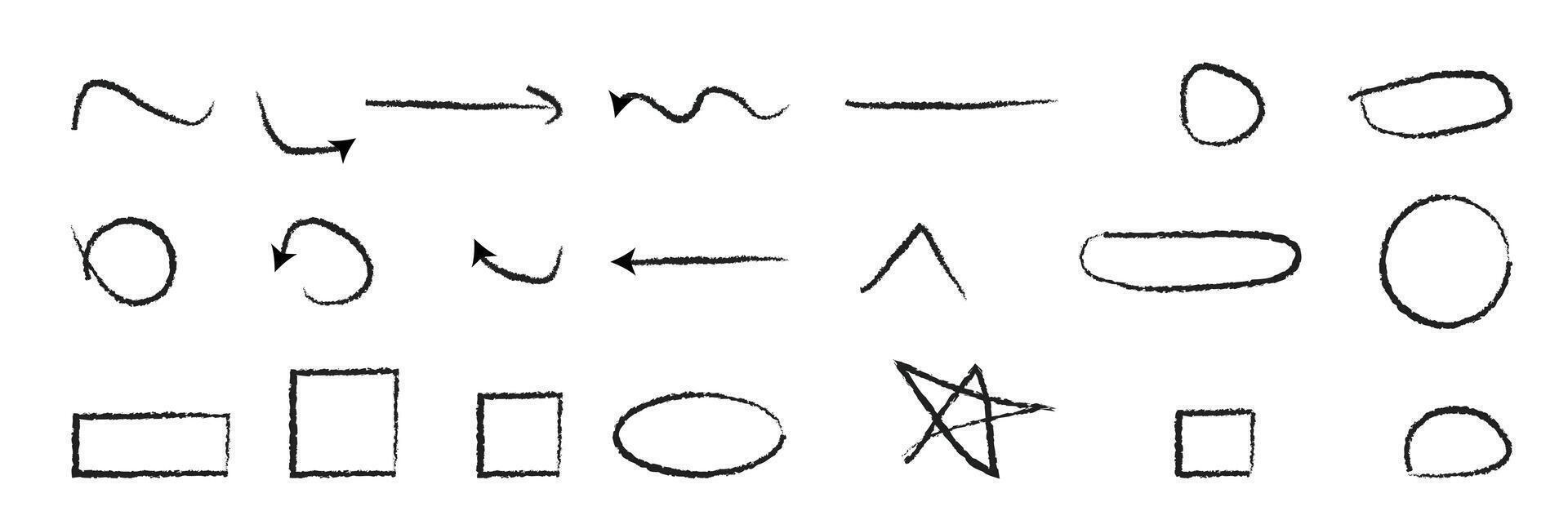 Group of chalked arrows and frames. rams. doodle marker dra Freehand different curved arrows, swirls, circles.Hand drawn black charcoal symbols for hand drawn. vector