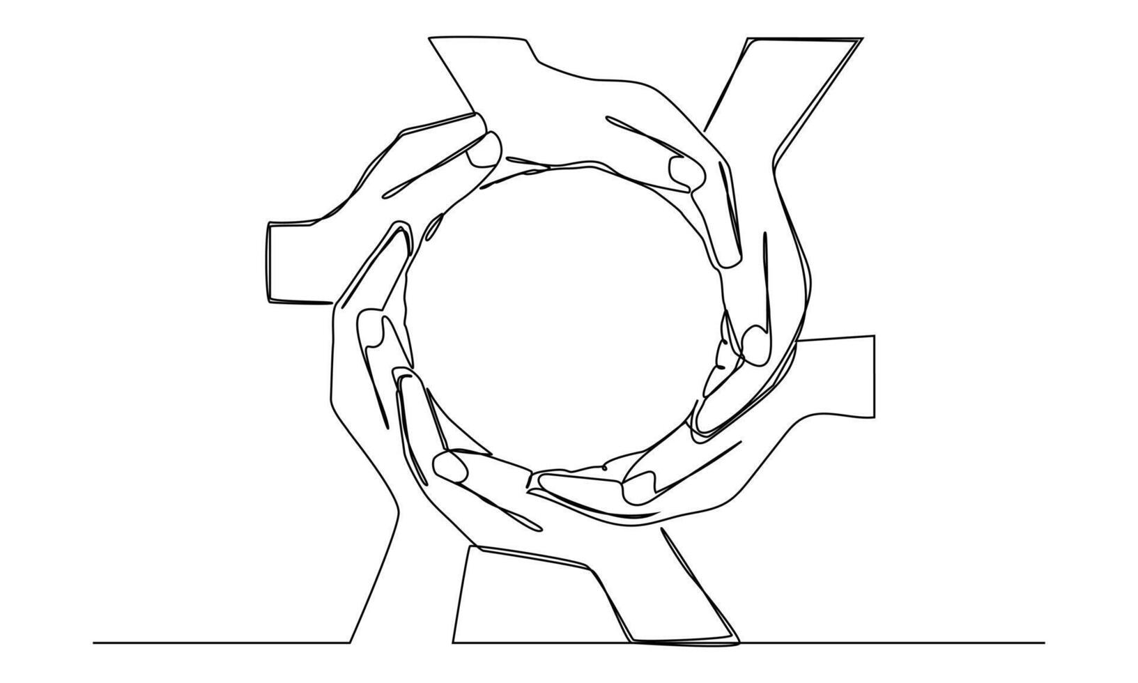 Continuous one line drawing of business people puts palms together making a circle shape. vector