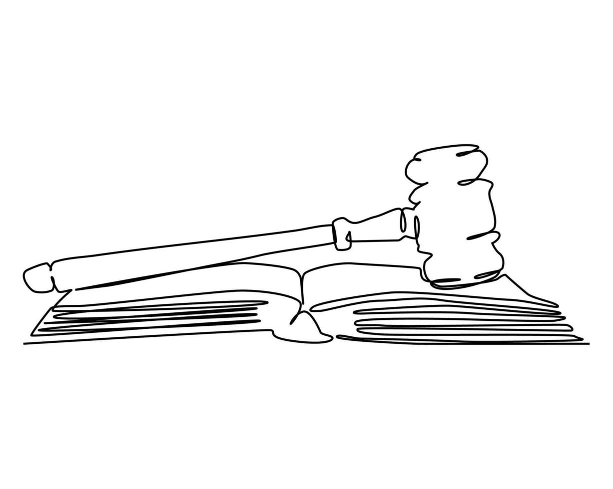 Continuous one line art of Judge's hammer over the books. vector