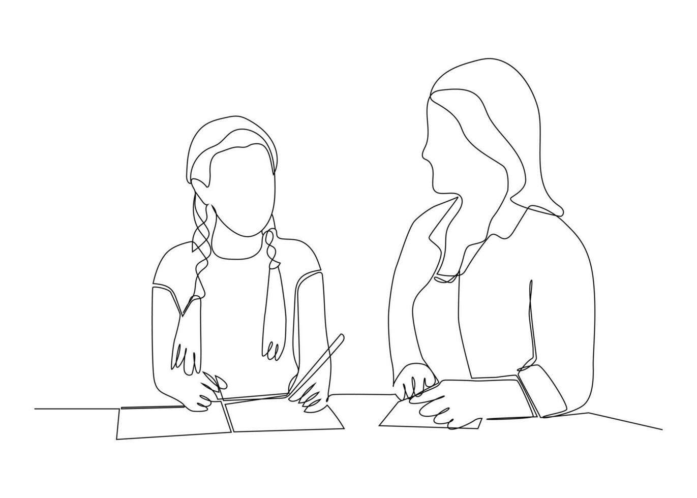 continuous single drawn one line mom makes with daughter lessons drawn from the hand picture vector