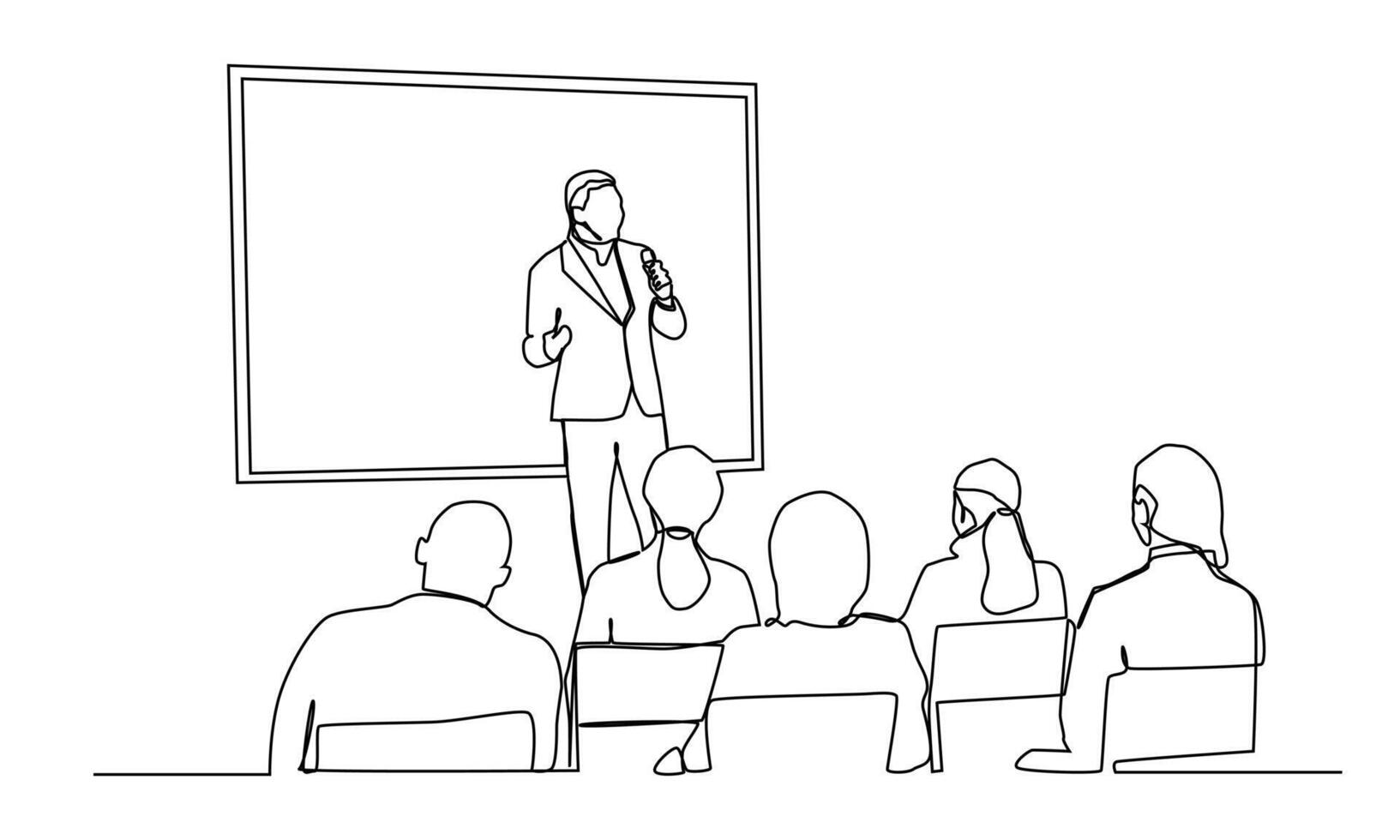 Continuous line drawing of the Audience in the conference hall. vector