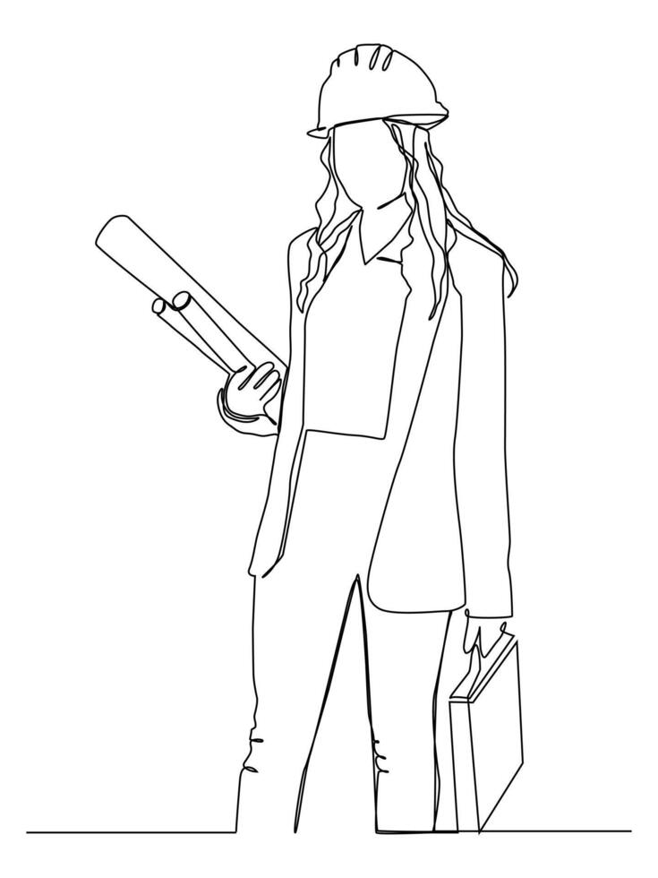 Continuous line drawing of young female architect holding blueprint paper pose cross arms. Professional work job occupation. vector
