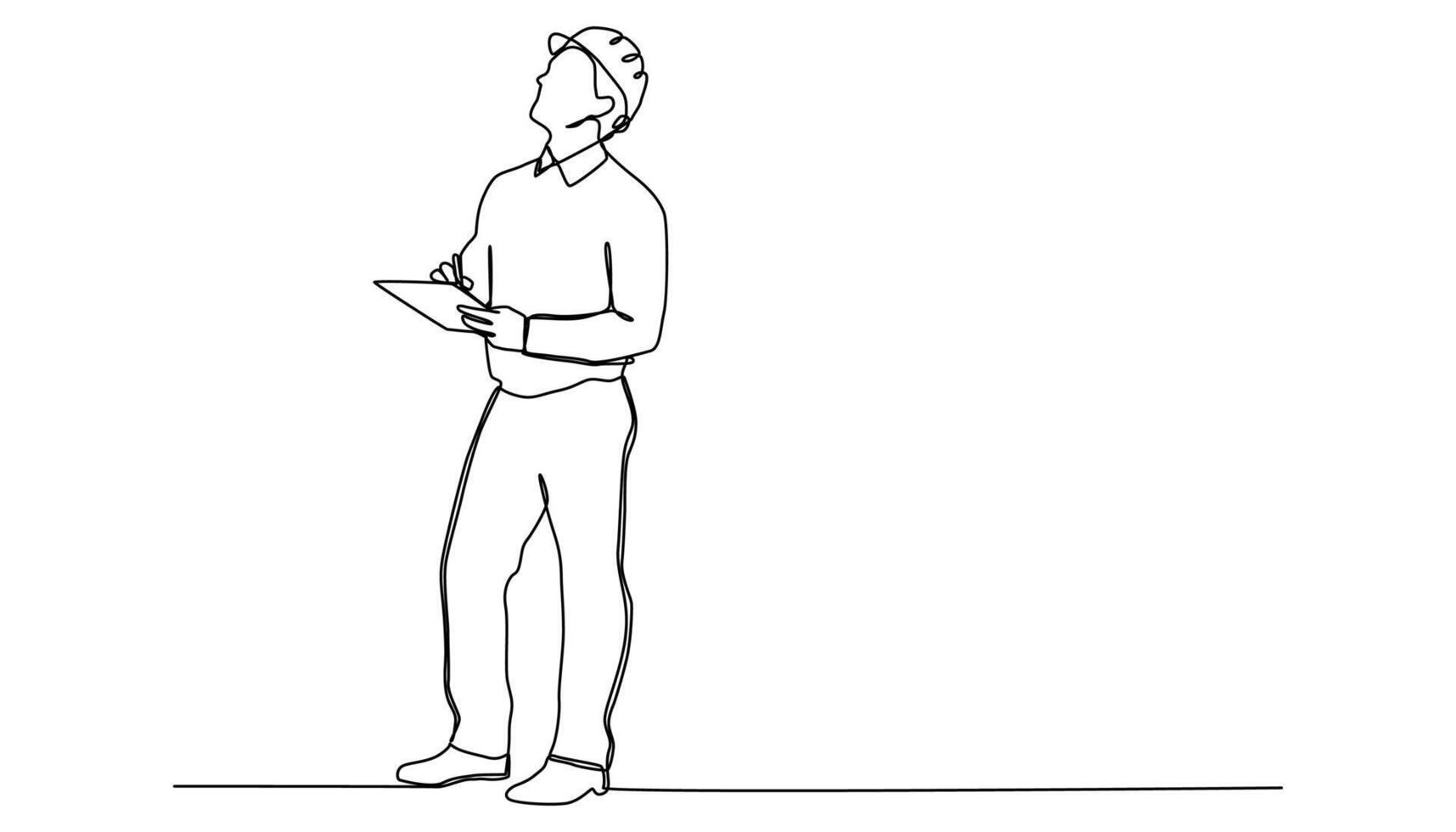 Single continuous line drawing of young attractive foreman controlling building development progress while holding clipboard. vector