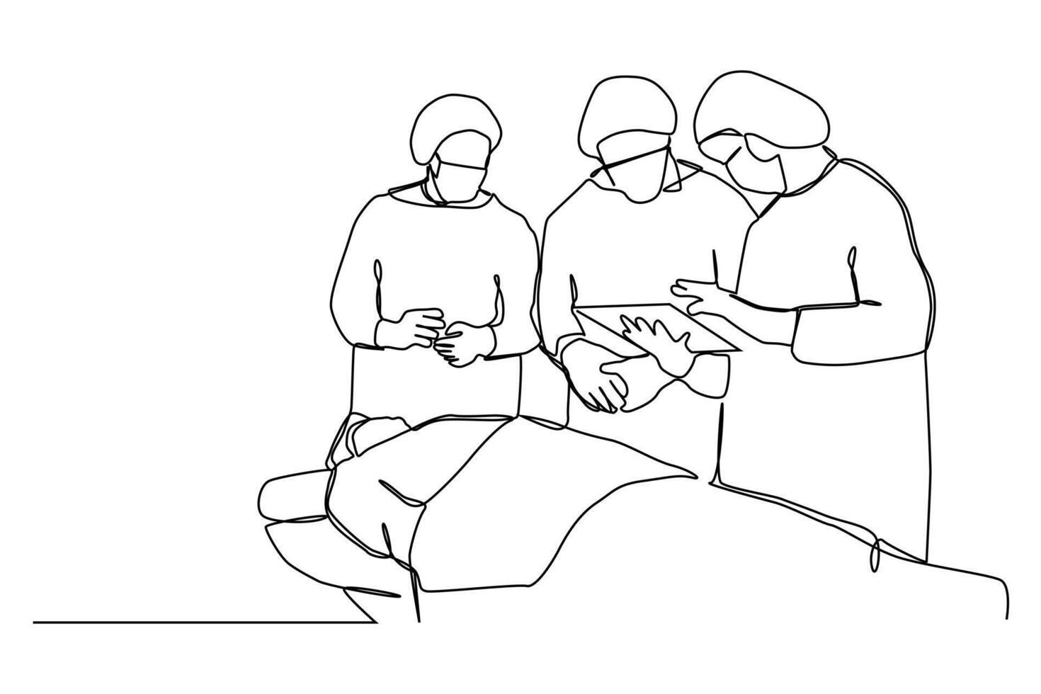 Continuous one single line drawing group of team surgeon doctor doing surgery operation to the patient with critical condition. vector