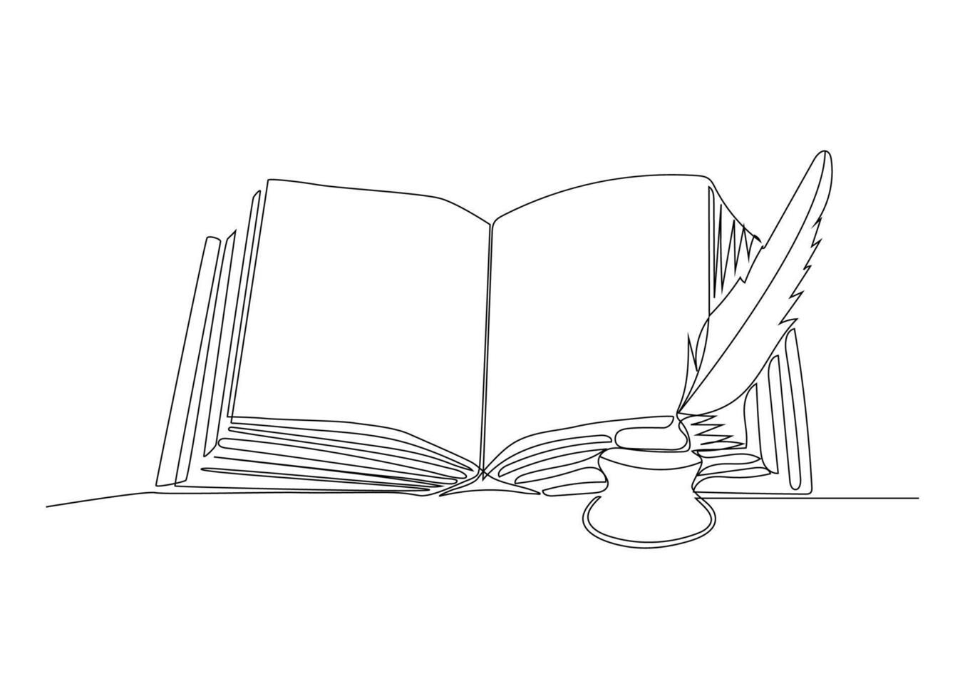 continuous line drawing of stack of books, ink and quill pen on the office desk. Old antique writing equipment for writer or student concept. vector