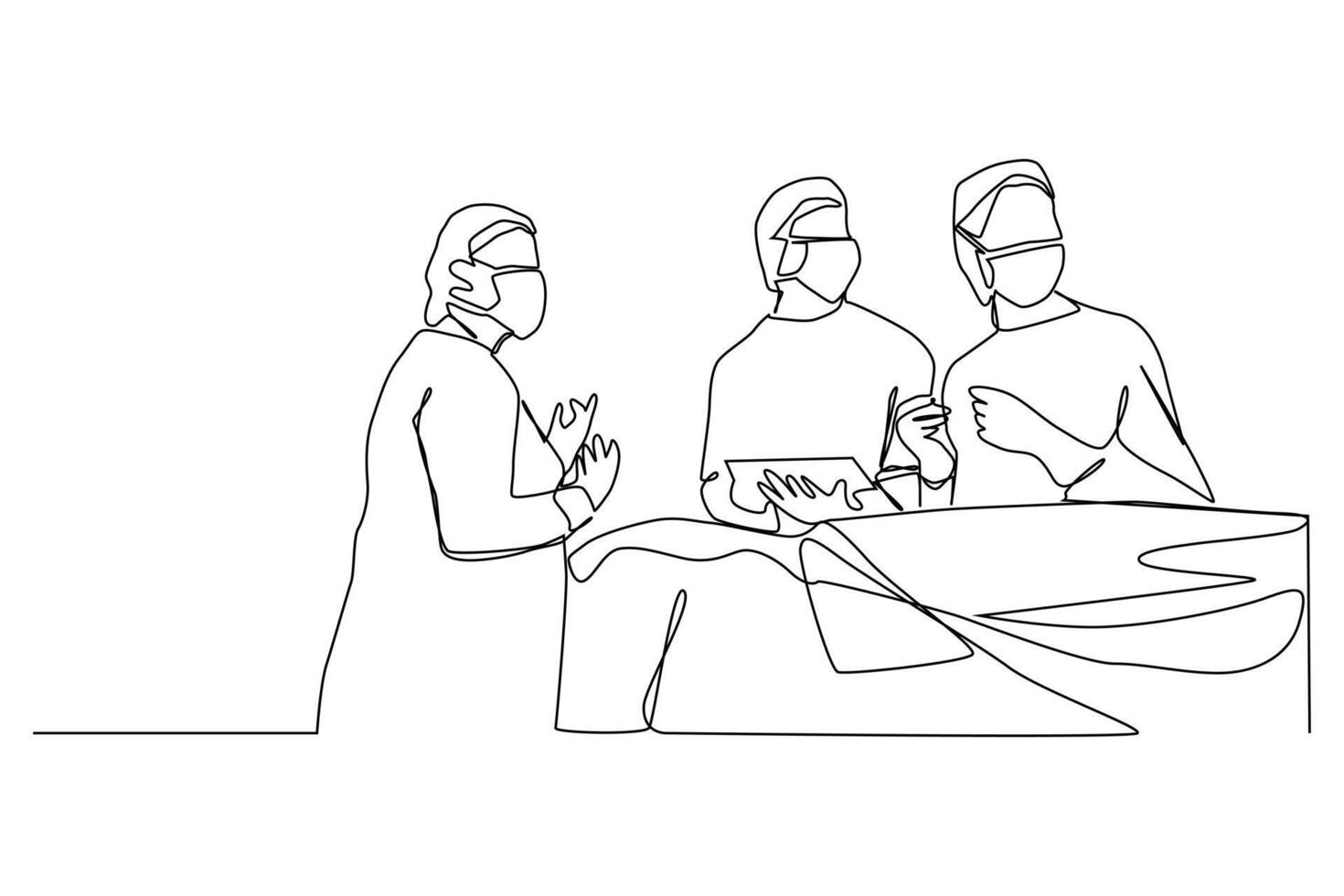 continuous one line art group of team surgeon doctor doing surgery operation to the patient with critical condition. vector