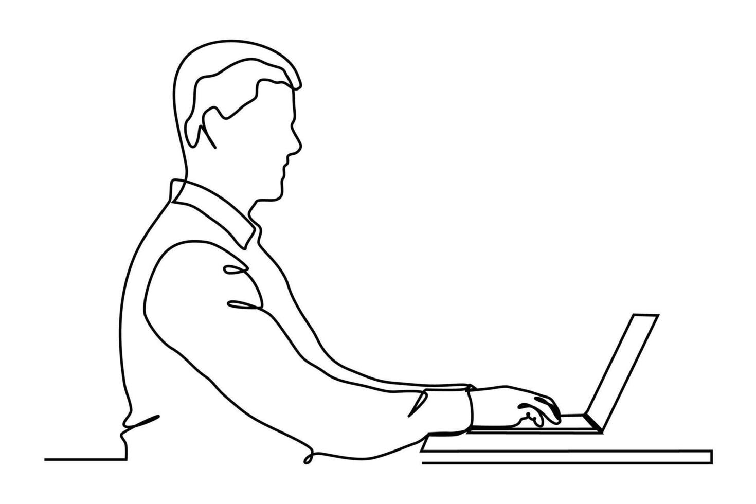 Continuous one line art of man sits at a laptop. vector