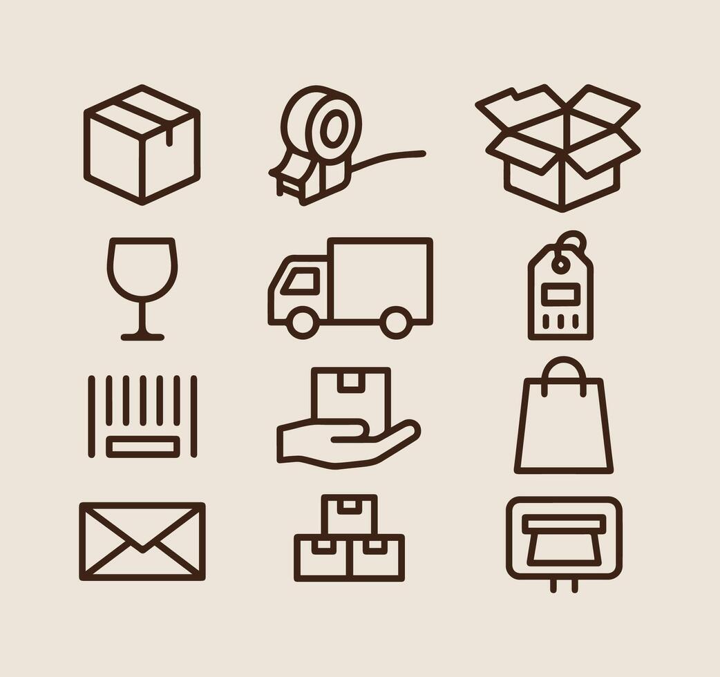 A comprehensive set of outline icons representing shipping logistics packaging and delivery services including boxes tape trucks fragile symbols barcodes and shopping essentials. vector