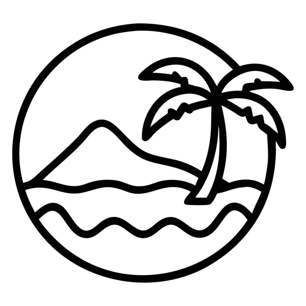 Round icon shows a tropical island landscape with palm tree and ocean waves vector