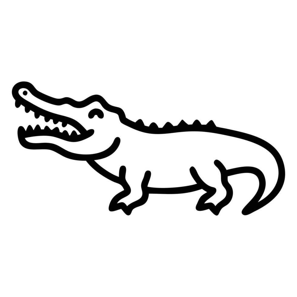 Cartoon alligator opens its mouth wide, showing a toothy grin in a simple vector