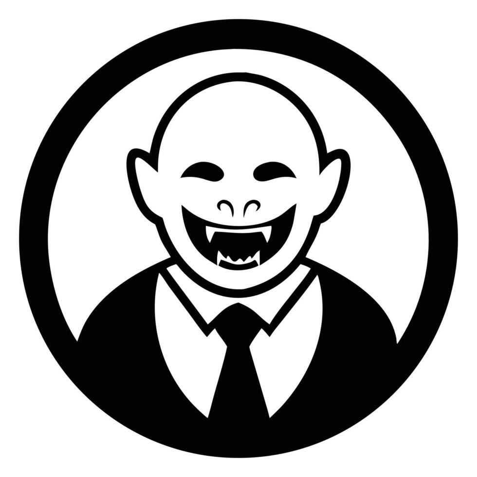 Isolated bald cartoon vampire smiles widely, revealing sharp fangs inside a black circular frame vector