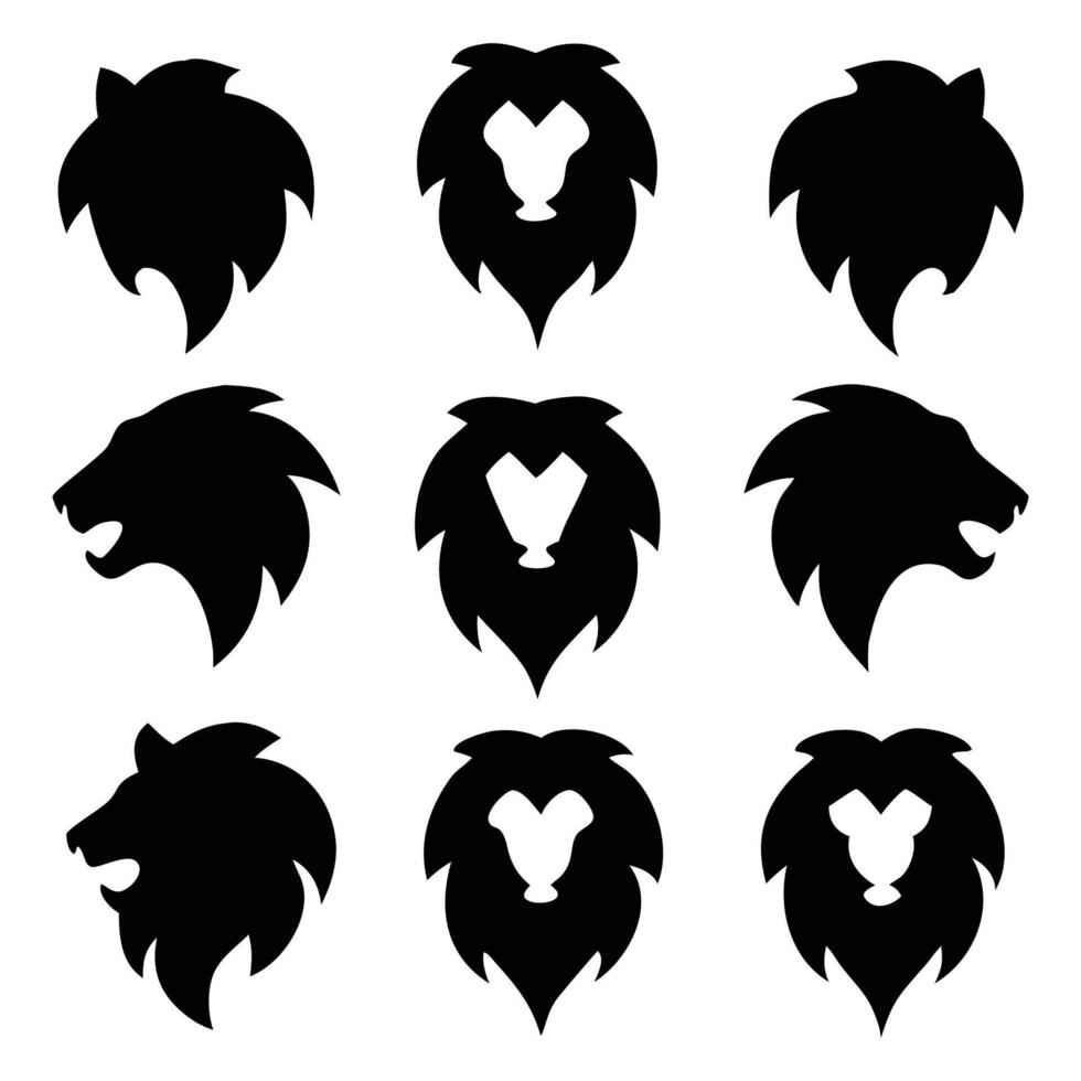 Lion head silhouette collection shows majestic wild feline in different angles and compositions vector