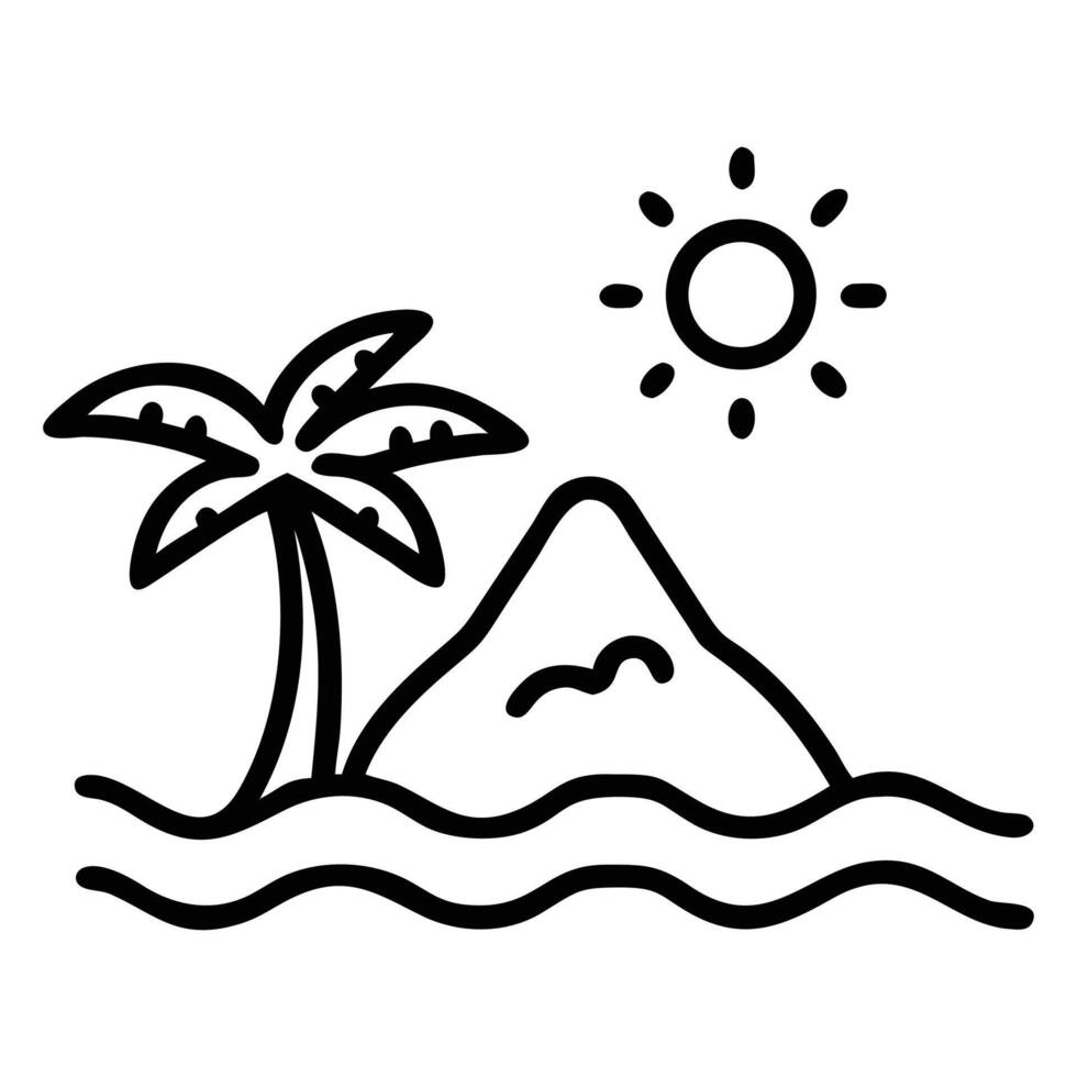 Line art displays sunshine above a palm tree and island in the ocean vector