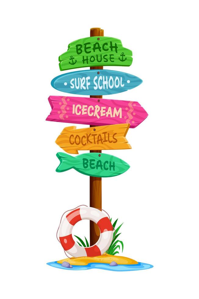 Summer beach signboard, wooden sign board signage vector