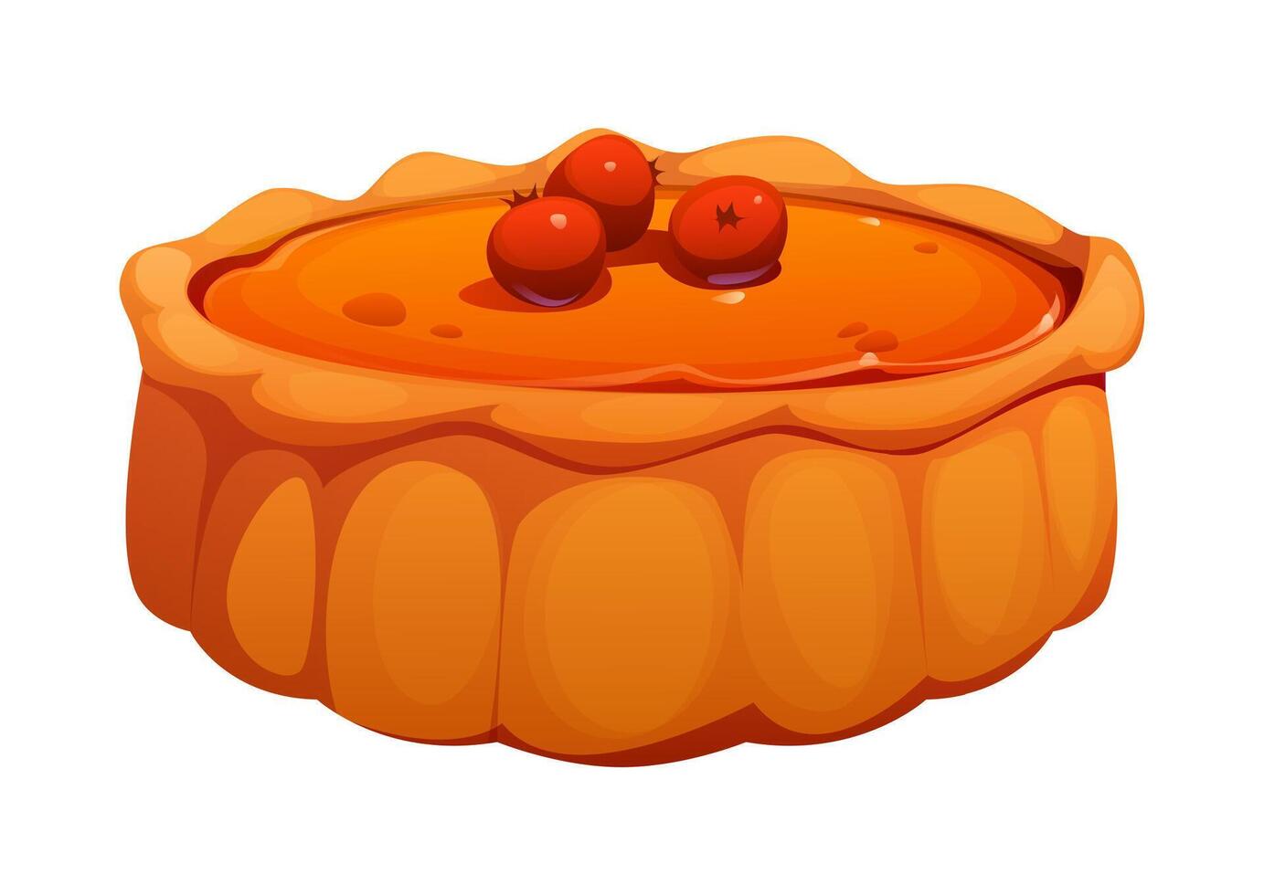 Cartoon pumpkin pie with red cranberry berries vector