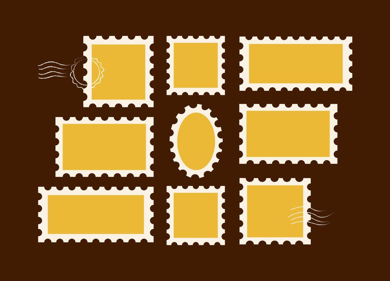 Blank Postage Stamp Frames Set for Autumn Design Templates.A set of empty postage stamp frames in various shapes on a dark background. Perfect for placing fall-themed designs, creating stickers, label vector