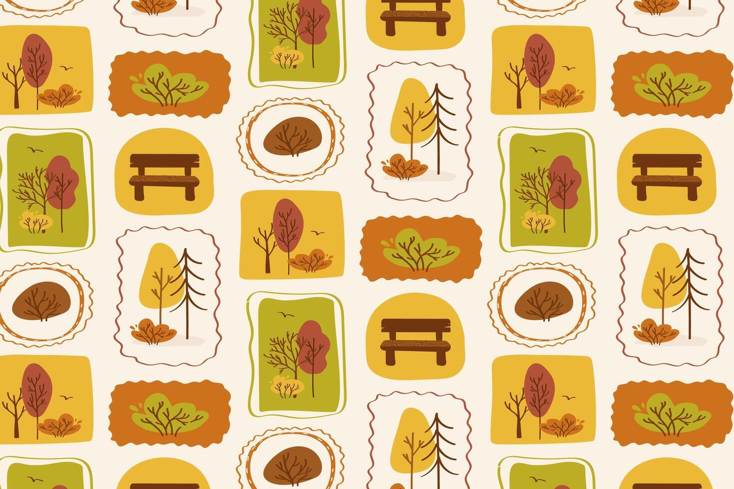 nature pattern with trees and benches vector